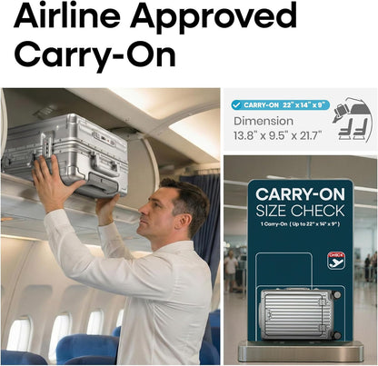 20 Inch Aluminium Frame Carry On 22x14x9 Airline Approved With compartment, Zipperless Hard Shell Travel Suitcase with TSA Approved Cup Holder USB Port Holder for Women Men,Grey