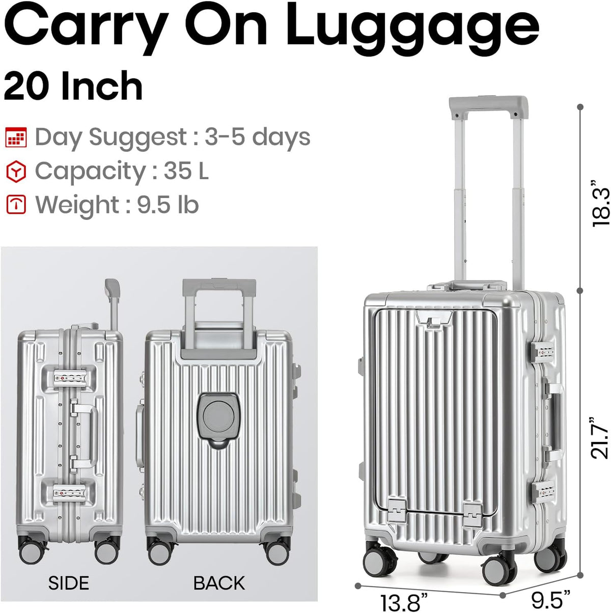 20 Inch Aluminium Frame Carry On 22x14x9 Airline Approved With compartment, Zipperless Hard Shell Travel Suitcase with TSA Approved Cup Holder USB Port Holder for Women Men,Grey