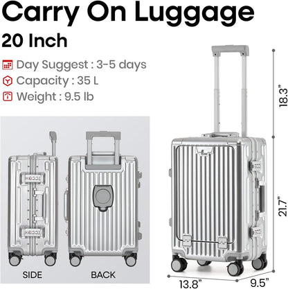 20 Inch Aluminium Frame Carry On 22x14x9 Airline Approved With compartment, Zipperless Hard Shell Travel Suitcase with TSA Approved Cup Holder USB Port Holder for Women Men,Grey