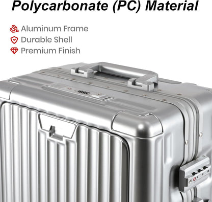 20 Inch Aluminium Frame Carry On 22x14x9 Airline Approved With compartment, Zipperless Hard Shell Travel Suitcase with TSA Approved Cup Holder USB Port Holder for Women Men,Grey