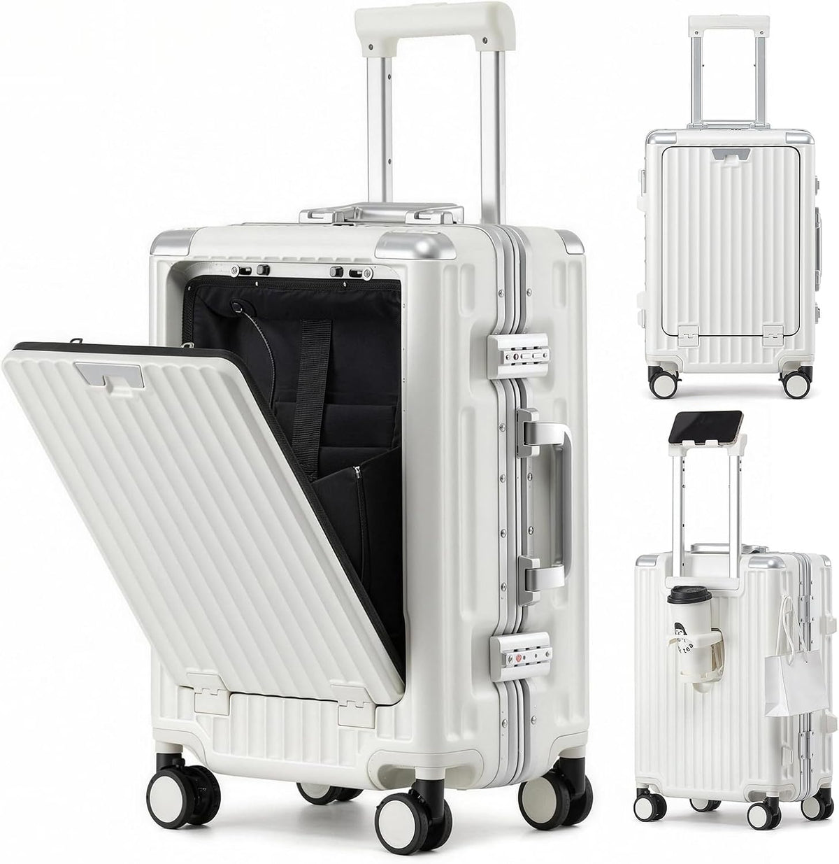 20 Inch Aluminium Frame Carry On 22x14x9 Airline Approved With compartment, Zipperless Hard Shell Travel Suitcase with TSA Approved Cup Holder USB Port Holder for Women Men,Grey