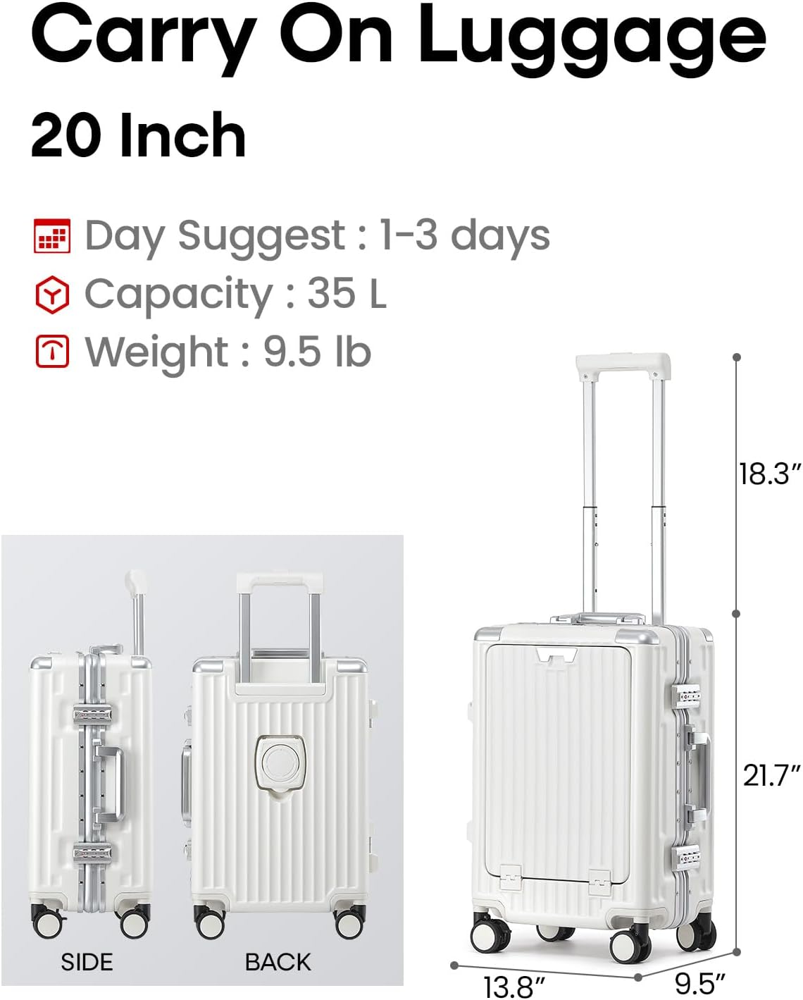 20 Inch Aluminium Frame Carry On 22x14x9 Airline Approved With compartment, Zipperless Hard Shell Travel Suitcase with TSA Approved Cup Holder USB Port Holder for Women Men,Grey