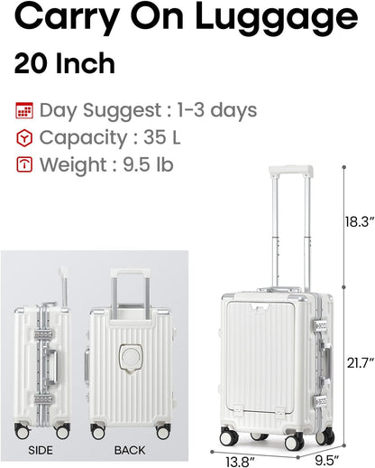 20 Inch Aluminium Frame Carry On 22x14x9 Airline Approved With compartment, Zipperless Hard Shell Travel Suitcase with TSA Approved Cup Holder USB Port Holder for Women Men,Grey