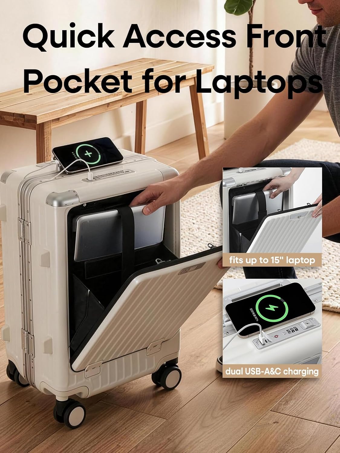 20 Inch Aluminium Frame Carry On 22x14x9 Airline Approved With compartment, Zipperless Hard Shell Travel Suitcase with TSA Approved Cup Holder USB Port Holder for Women Men,Grey