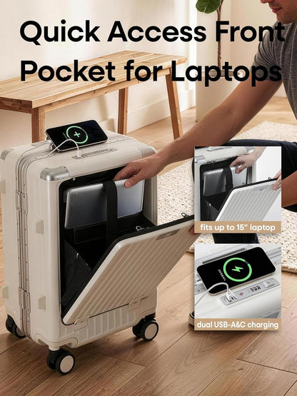 20 Inch Aluminium Frame Carry On 22x14x9 Airline Approved With compartment, Zipperless Hard Shell Travel Suitcase with TSA Approved Cup Holder USB Port Holder for Women Men,Grey