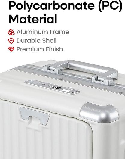 20 Inch Aluminium Frame Carry On 22x14x9 Airline Approved With compartment, Zipperless Hard Shell Travel Suitcase with TSA Approved Cup Holder USB Port Holder for Women Men,Grey
