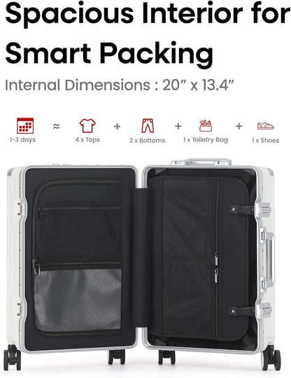 20 Inch Aluminium Frame Carry On 22x14x9 Airline Approved With compartment, Zipperless Hard Shell Travel Suitcase with TSA Approved Cup Holder USB Port Holder for Women Men,Grey