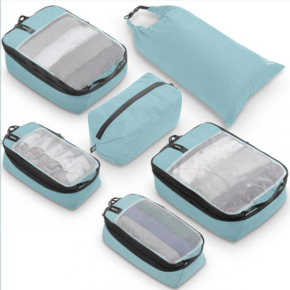 Compression Packing Cubes for Travel by TRIPPED – 6-Piece Premium Set with Laundry & Shoe Bag, Space Saving Travel Organizer Bags for Suitcase & Carry-On Luggage (Grey Mesh)