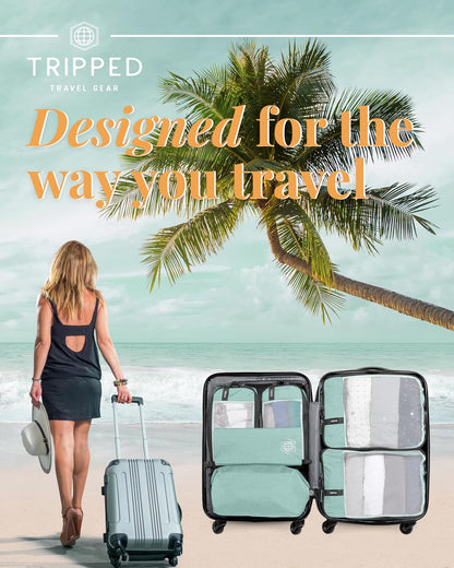 Compression Packing Cubes for Travel by TRIPPED – 6-Piece Premium Set with Laundry & Shoe Bag, Space Saving Travel Organizer Bags for Suitcase & Carry-On Luggage (Grey Mesh)