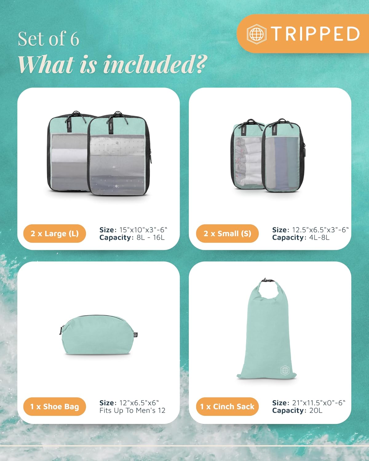 Compression Packing Cubes for Travel by TRIPPED – 6-Piece Premium Set with Laundry & Shoe Bag, Space Saving Travel Organizer Bags for Suitcase & Carry-On Luggage (Grey Mesh)