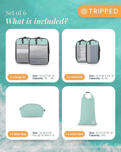 Compression Packing Cubes for Travel by TRIPPED – 6-Piece Premium Set with Laundry & Shoe Bag, Space Saving Travel Organizer Bags for Suitcase & Carry-On Luggage (Grey Mesh)