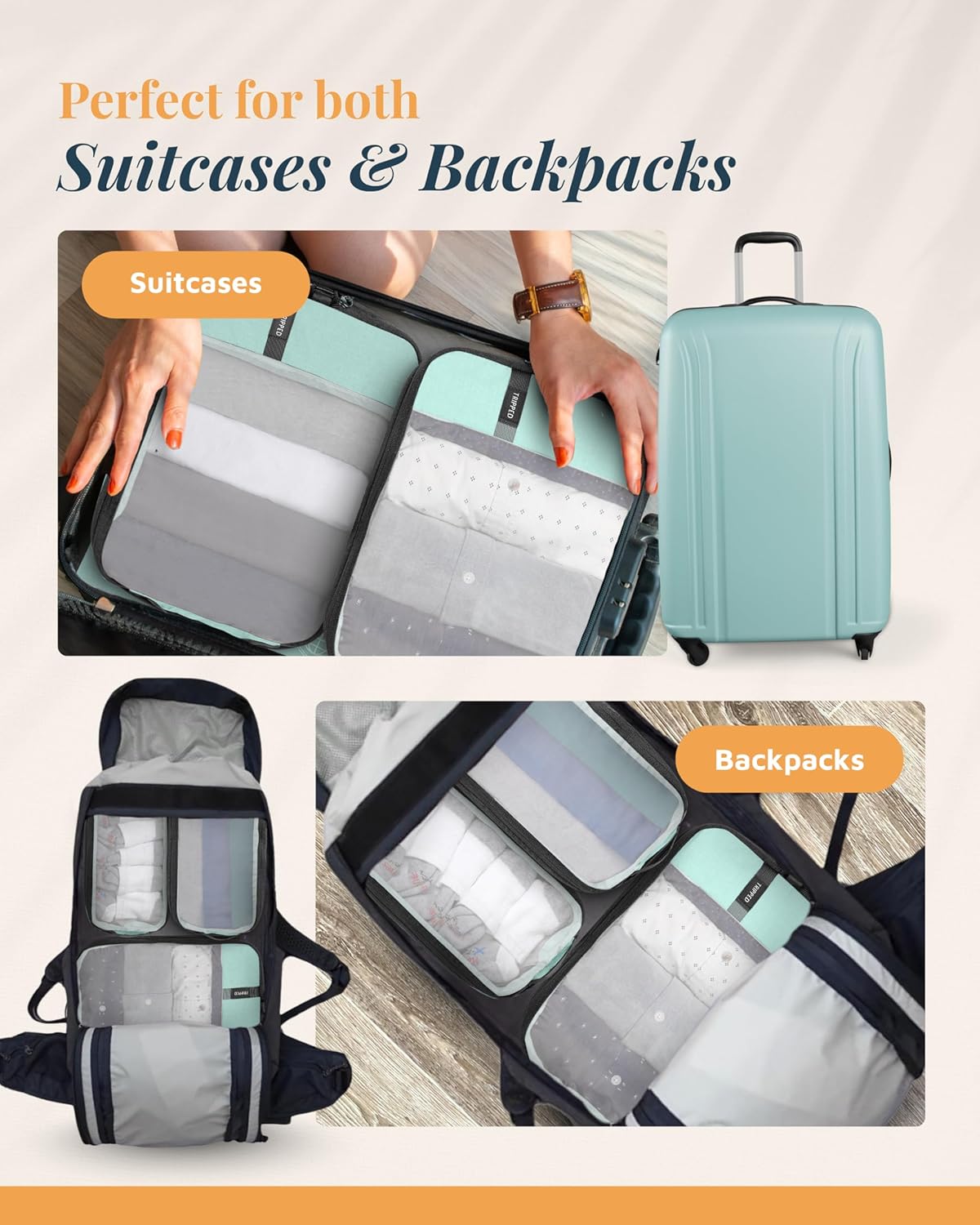 Compression Packing Cubes for Travel by TRIPPED – 6-Piece Premium Set with Laundry & Shoe Bag, Space Saving Travel Organizer Bags for Suitcase & Carry-On Luggage (Grey Mesh)