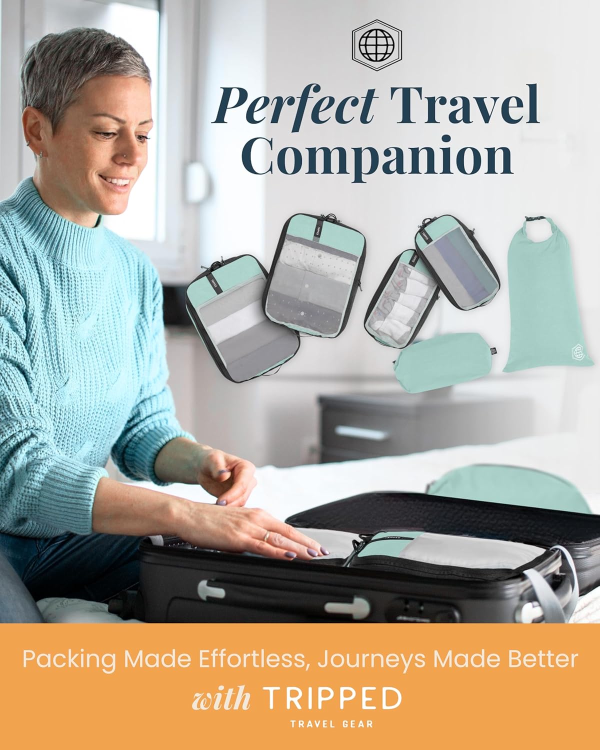 Compression Packing Cubes for Travel by TRIPPED – 6-Piece Premium Set with Laundry & Shoe Bag, Space Saving Travel Organizer Bags for Suitcase & Carry-On Luggage (Grey Mesh)