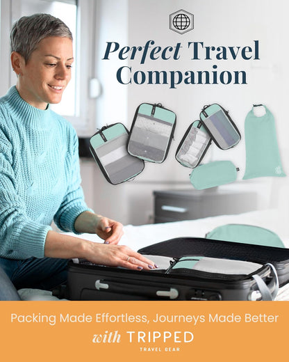 Compression Packing Cubes for Travel by TRIPPED – 6-Piece Premium Set with Laundry & Shoe Bag, Space Saving Travel Organizer Bags for Suitcase & Carry-On Luggage (Grey Mesh)