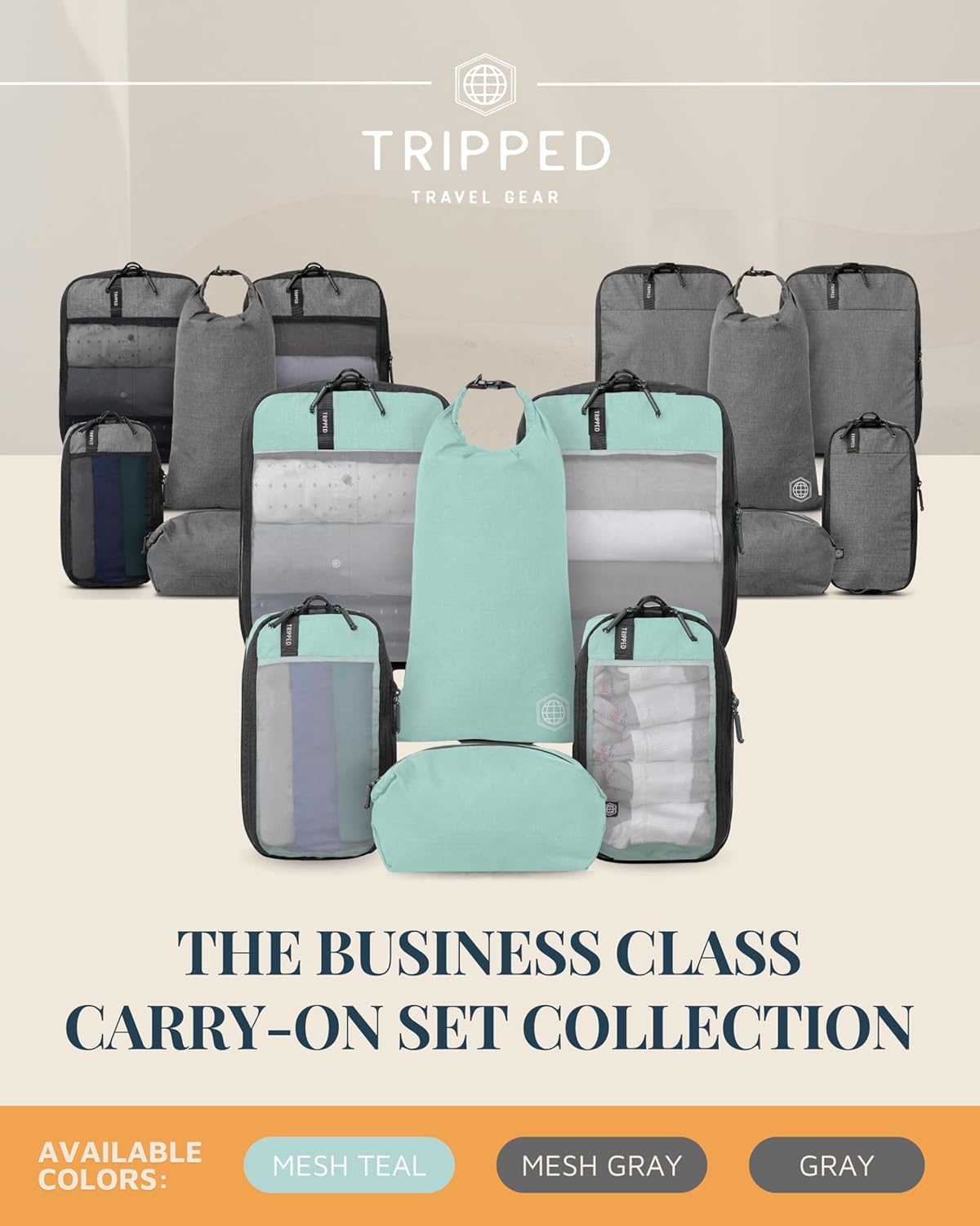 Compression Packing Cubes for Travel by TRIPPED – 6-Piece Premium Set with Laundry & Shoe Bag, Space Saving Travel Organizer Bags for Suitcase & Carry-On Luggage (Grey Mesh)