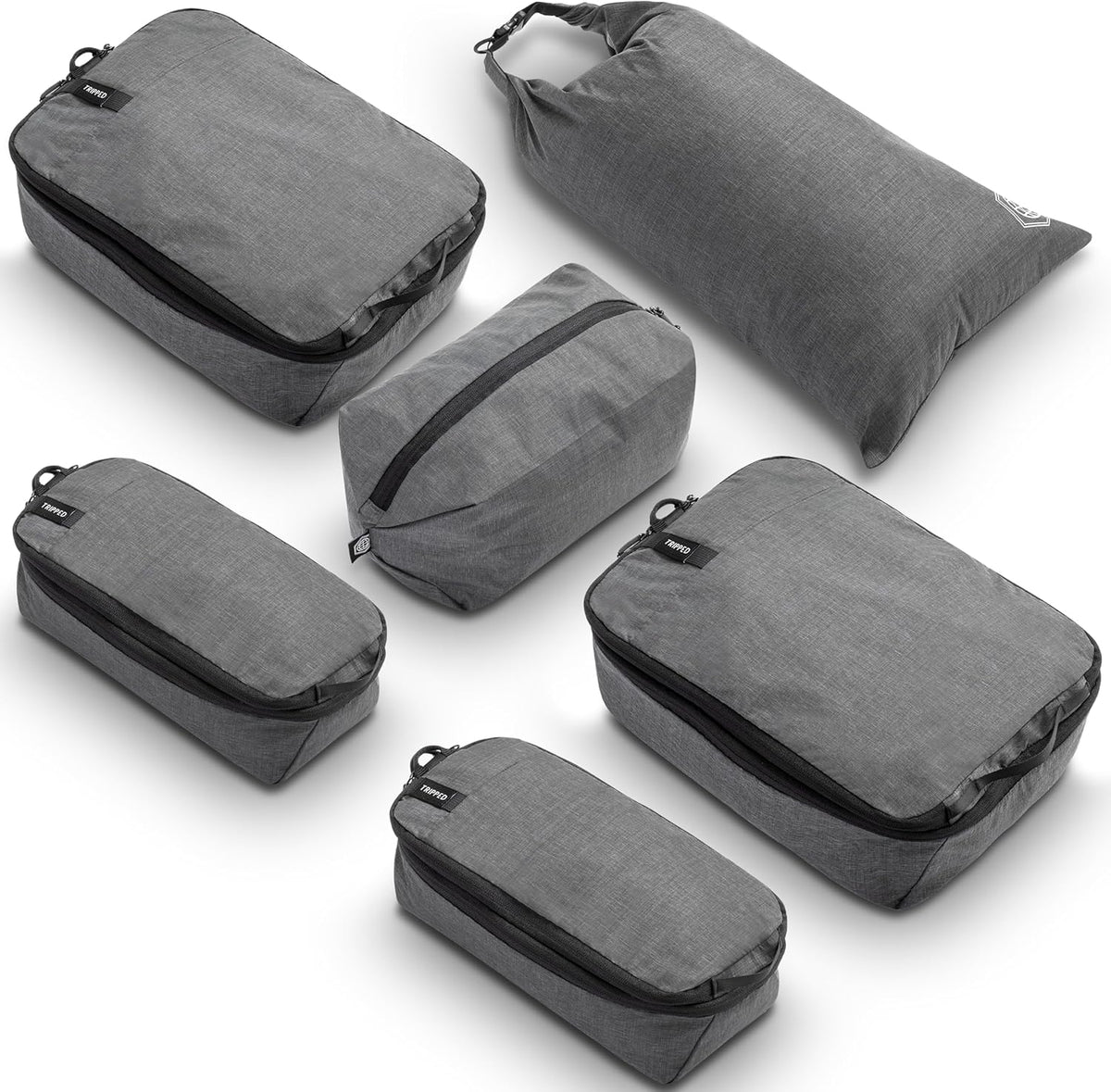 Compression Packing Cubes for Travel by TRIPPED – 6-Piece Premium Set with Laundry & Shoe Bag, Space Saving Travel Organizer Bags for Suitcase & Carry-On Luggage (Grey Mesh)