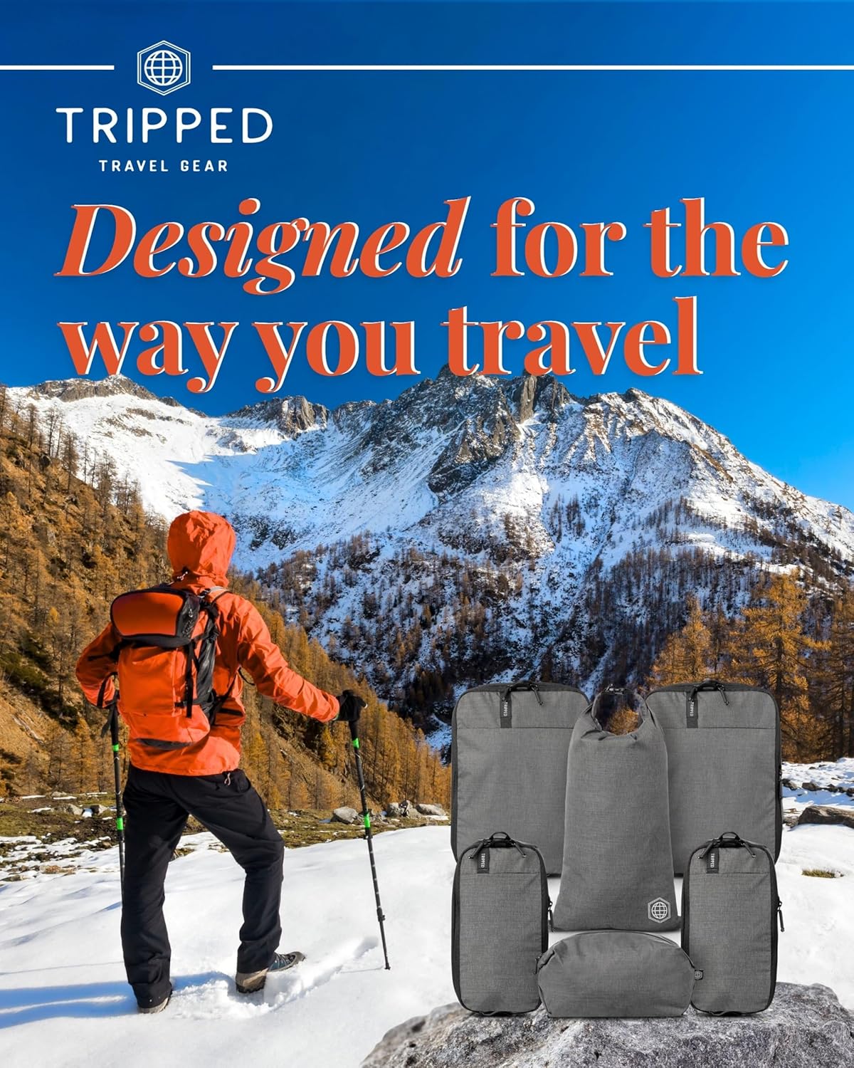 Compression Packing Cubes for Travel by TRIPPED – 6-Piece Premium Set with Laundry & Shoe Bag, Space Saving Travel Organizer Bags for Suitcase & Carry-On Luggage (Grey Mesh)