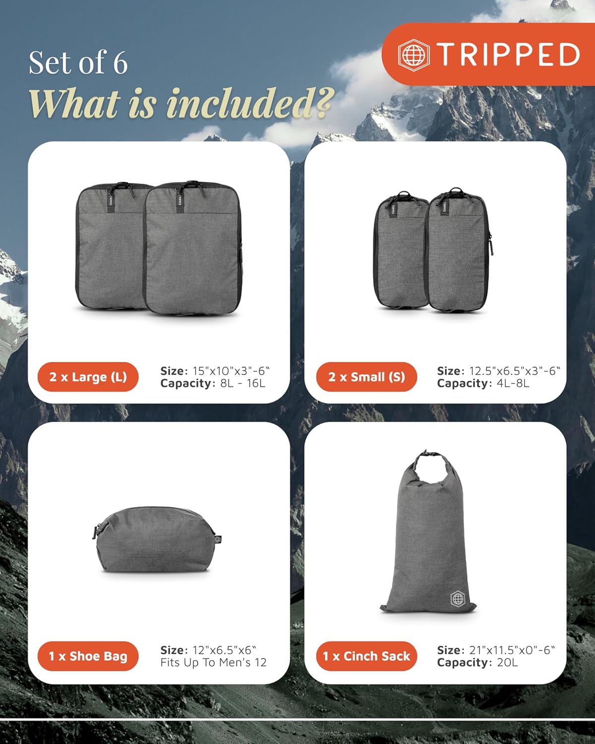Compression Packing Cubes for Travel by TRIPPED – 6-Piece Premium Set with Laundry & Shoe Bag, Space Saving Travel Organizer Bags for Suitcase & Carry-On Luggage (Grey Mesh)