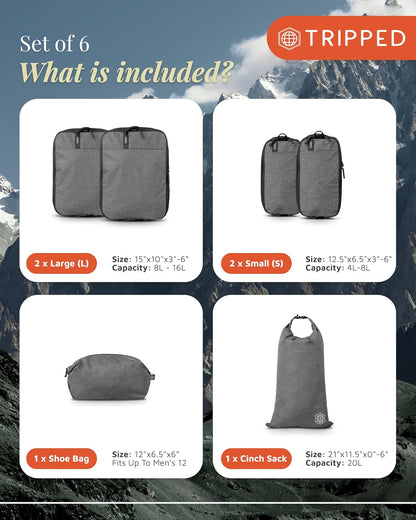 Compression Packing Cubes for Travel by TRIPPED – 6-Piece Premium Set with Laundry & Shoe Bag, Space Saving Travel Organizer Bags for Suitcase & Carry-On Luggage (Grey Mesh)