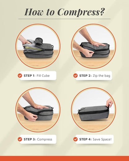 Compression Packing Cubes for Travel by TRIPPED – 6-Piece Premium Set with Laundry & Shoe Bag, Space Saving Travel Organizer Bags for Suitcase & Carry-On Luggage (Grey Mesh)