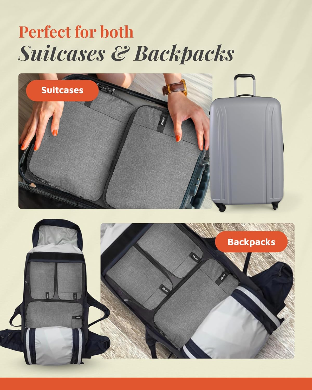 Compression Packing Cubes for Travel by TRIPPED – 6-Piece Premium Set with Laundry & Shoe Bag, Space Saving Travel Organizer Bags for Suitcase & Carry-On Luggage (Grey Mesh)