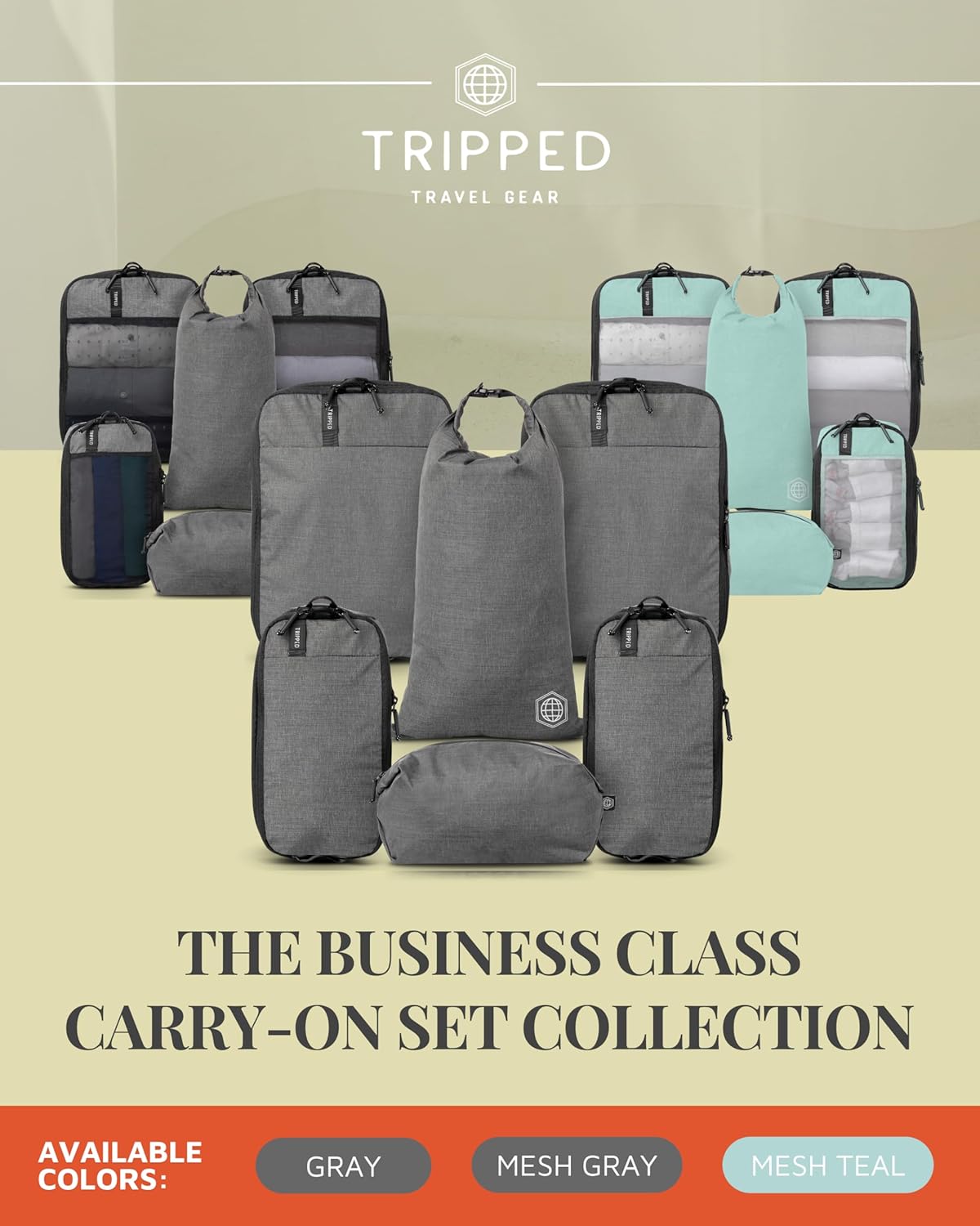 Compression Packing Cubes for Travel by TRIPPED – 6-Piece Premium Set with Laundry & Shoe Bag, Space Saving Travel Organizer Bags for Suitcase & Carry-On Luggage (Grey Mesh)