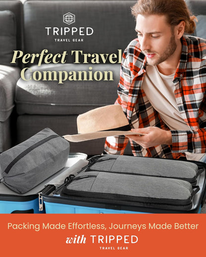 Compression Packing Cubes for Travel by TRIPPED – 6-Piece Premium Set with Laundry & Shoe Bag, Space Saving Travel Organizer Bags for Suitcase & Carry-On Luggage (Grey Mesh)