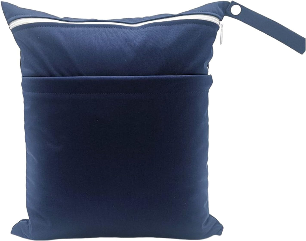 Wet Dry Bag for Baby Cloth Diapers, Waterproof Reusable with Two Zippered Pockets Travel Beach Pool Soiled Baby Items Yoga Gym Bag for Swimsuits or Wet Clothes (Navy Blue)