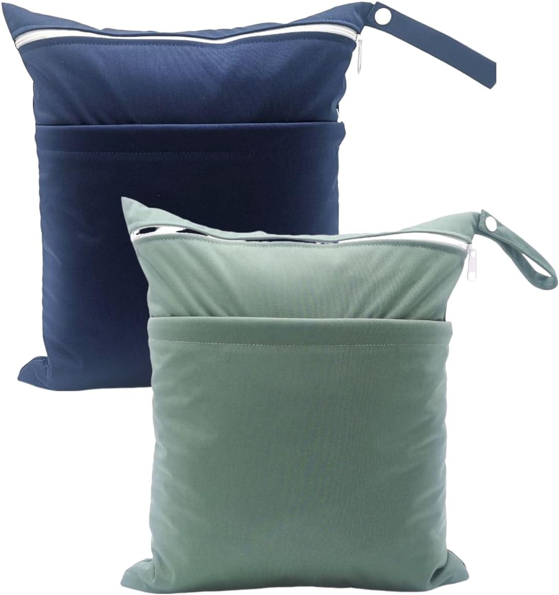 Wet Dry Bag for Baby Cloth Diapers, Waterproof Reusable with Two Zippered Pockets Travel Beach Pool Soiled Baby Items Yoga Gym Bag for Swimsuits or Wet Clothes (Navy Blue)