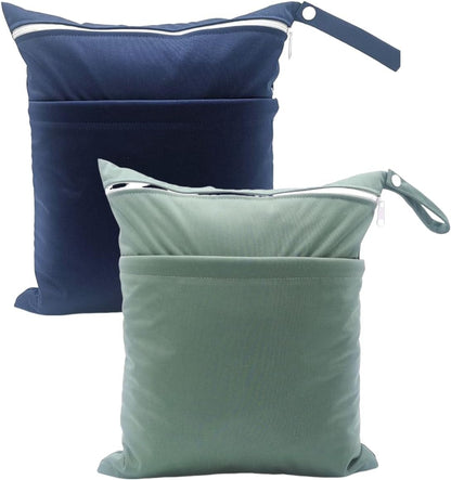 Wet Dry Bag for Baby Cloth Diapers, Waterproof Reusable with Two Zippered Pockets Travel Beach Pool Soiled Baby Items Yoga Gym Bag for Swimsuits or Wet Clothes (Navy Blue)