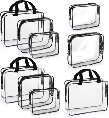 Set of 9 Clear Makeup Bags, TSA Approved Clear Toiletry Bag Set, Waterproof PVC with Zipper Handle Portable Travel Luggage Pouch