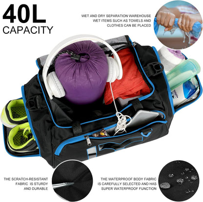 Sports Gym Bag， Travel Duffel Bag with Dry Wet Pocket And Shoe CompartmentFor Women and Men，40L/55L Fitness Waterproof Weekender Bag For Swim Sports Travel Working Out (Black white, 40L)