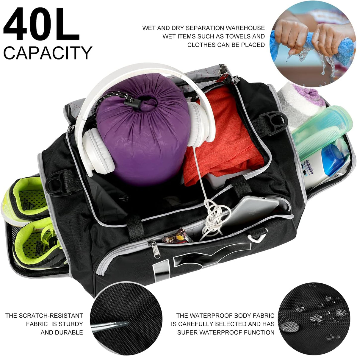 Sports Gym Bag， Travel Duffel Bag with Dry Wet Pocket And Shoe CompartmentFor Women and Men，40L/55L Fitness Waterproof Weekender Bag For Swim Sports Travel Working Out (Black white, 40L)