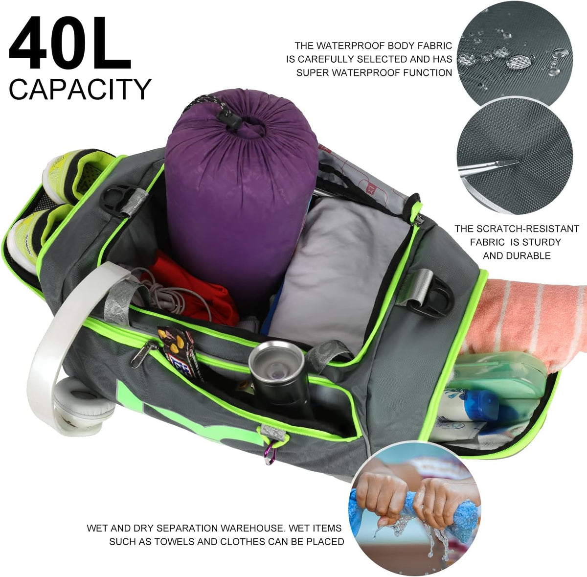 Sports Gym Bag， Travel Duffel Bag with Dry Wet Pocket And Shoe CompartmentFor Women and Men，40L/55L Fitness Waterproof Weekender Bag For Swim Sports Travel Working Out (Black white, 40L)