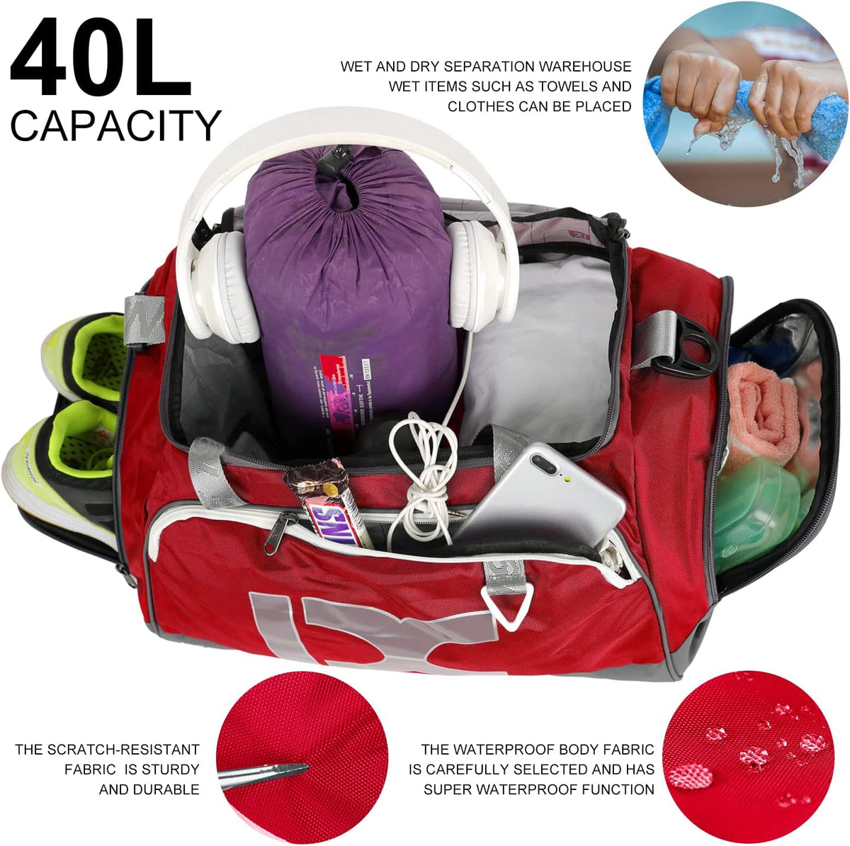 Sports Gym Bag， Travel Duffel Bag with Dry Wet Pocket And Shoe CompartmentFor Women and Men，40L/55L Fitness Waterproof Weekender Bag For Swim Sports Travel Working Out (Black white, 40L)