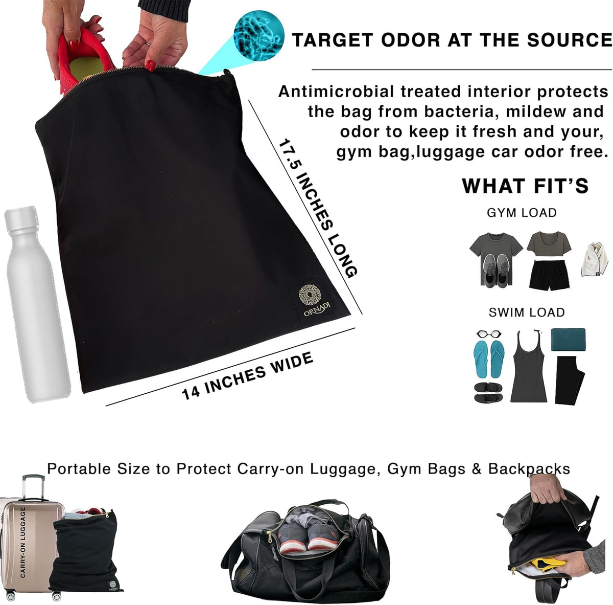 Antimicrobial Wet Gym Clothes Bag Waterproof Bacteria Odor Control | Inhibits odor-causing bacteria, 2 layer Flex-fit, Machine washable, For gym, sweat, swim & travel laundry