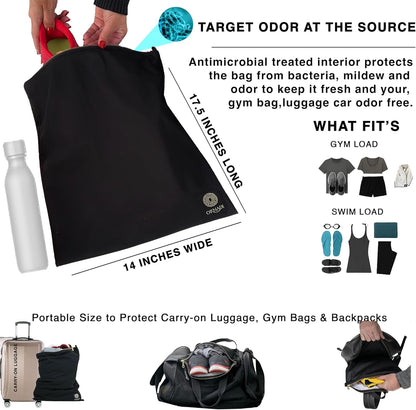 Antimicrobial Wet Gym Clothes Bag Waterproof Bacteria Odor Control | Inhibits odor-causing bacteria, 2 layer Flex-fit, Machine washable, For gym, sweat, swim & travel laundry