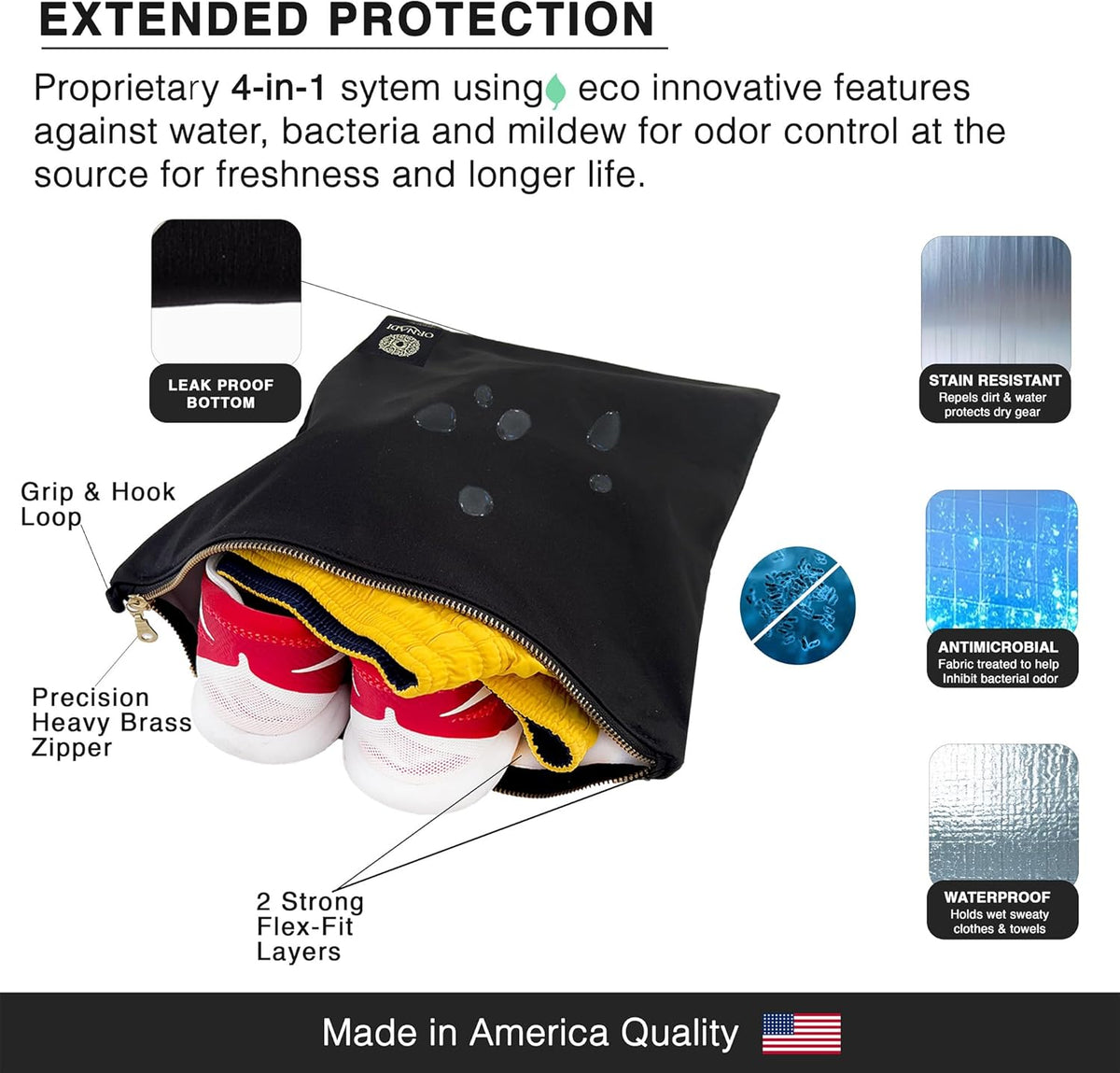 Antimicrobial Wet Gym Clothes Bag Waterproof Bacteria Odor Control | Inhibits odor-causing bacteria, 2 layer Flex-fit, Machine washable, For gym, sweat, swim & travel laundry