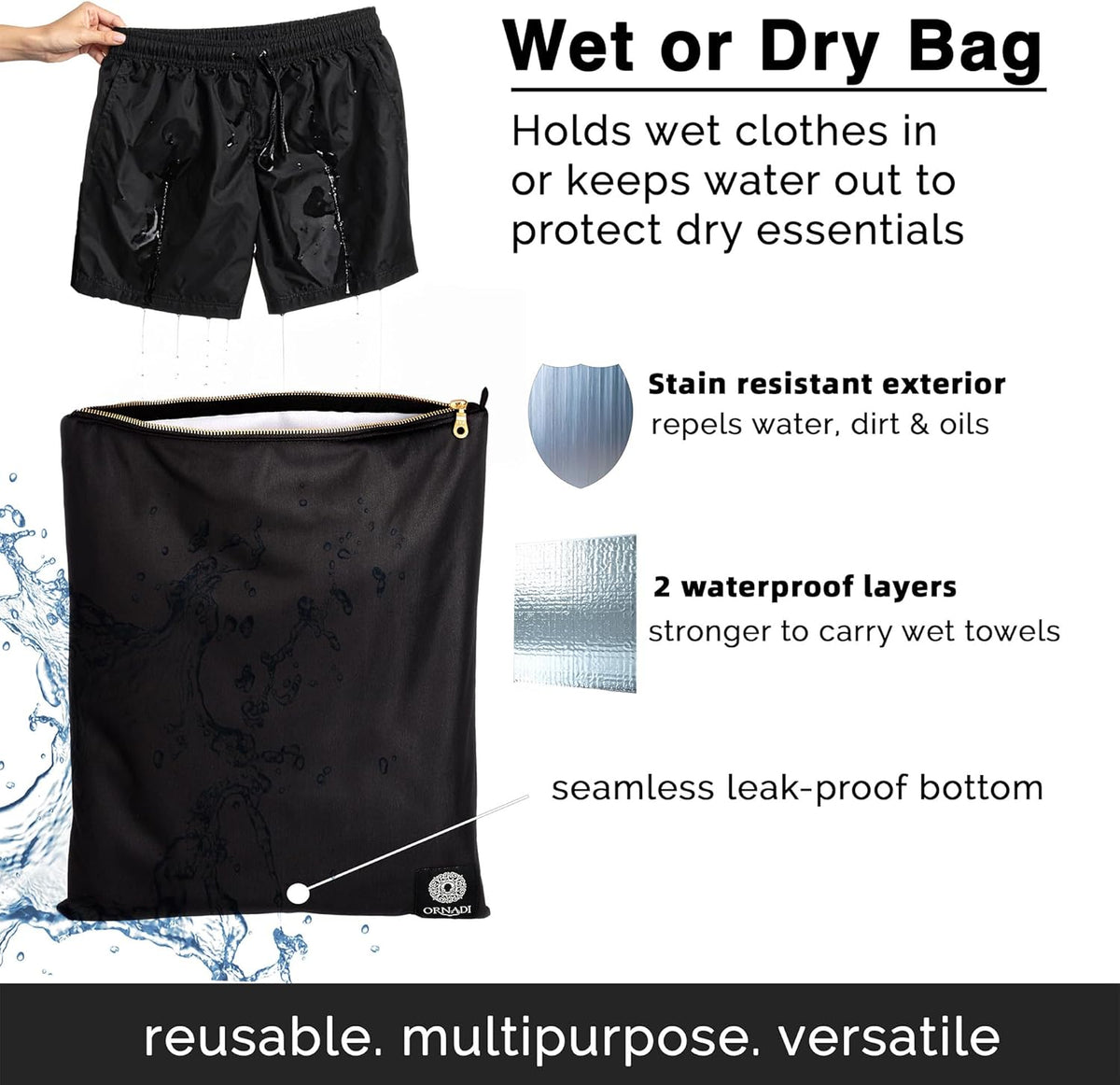 Antimicrobial Wet Gym Clothes Bag Waterproof Bacteria Odor Control | Inhibits odor-causing bacteria, 2 layer Flex-fit, Machine washable, For gym, sweat, swim & travel laundry