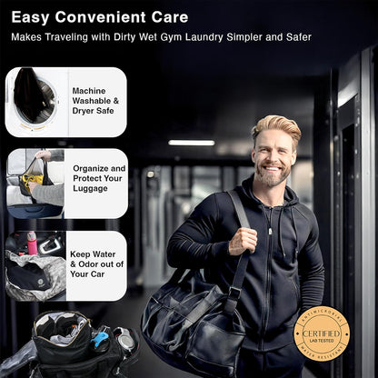 Antimicrobial Wet Gym Clothes Bag Waterproof Bacteria Odor Control | Inhibits odor-causing bacteria, 2 layer Flex-fit, Machine washable, For gym, sweat, swim & travel laundry