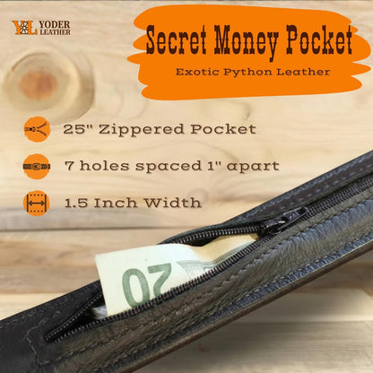 Python Glossy Black Money Belt with Hidden Zipper Pocket – Genuine Leather Belt