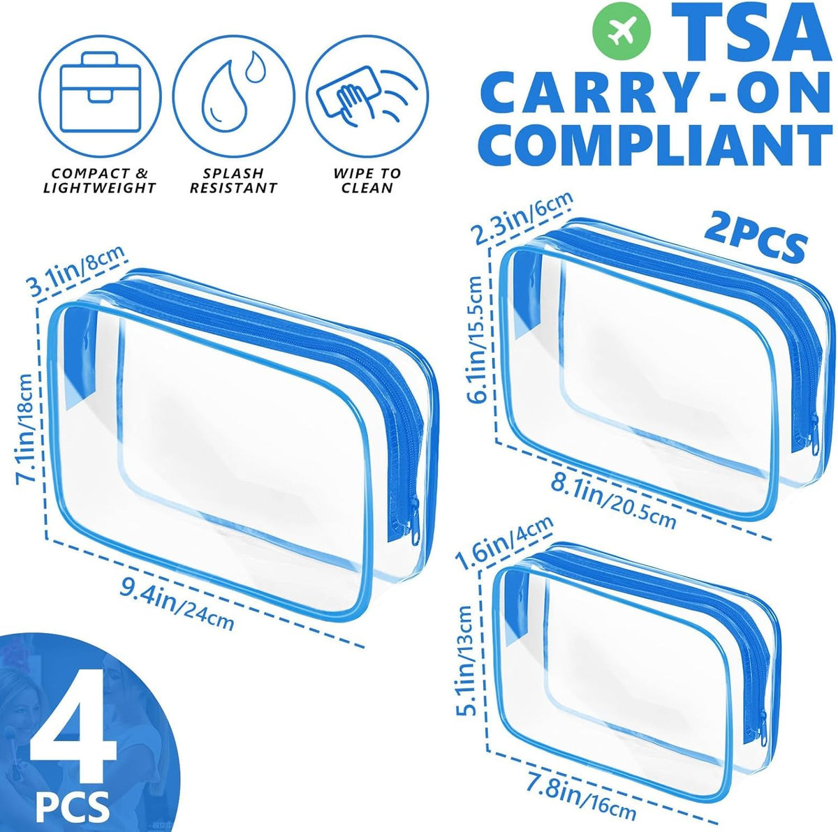 Clear Makeup Bag,Portable Travel Toiletry Bags with Zipper, TSA Approved Clear Organizer Bags, PVC Cosmetic Pouch for Airport Airline Compliant
