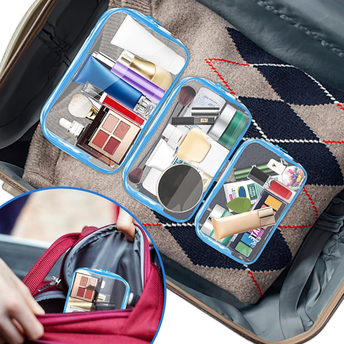 Clear Makeup Bag,Portable Travel Toiletry Bags with Zipper, TSA Approved Clear Organizer Bags, PVC Cosmetic Pouch for Airport Airline Compliant