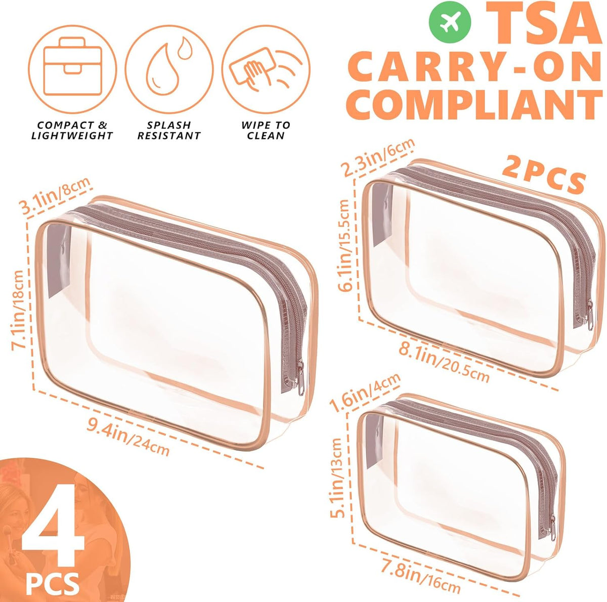Clear Makeup Bag,Portable Travel Toiletry Bags with Zipper, TSA Approved Clear Organizer Bags, PVC Cosmetic Pouch for Airport Airline Compliant