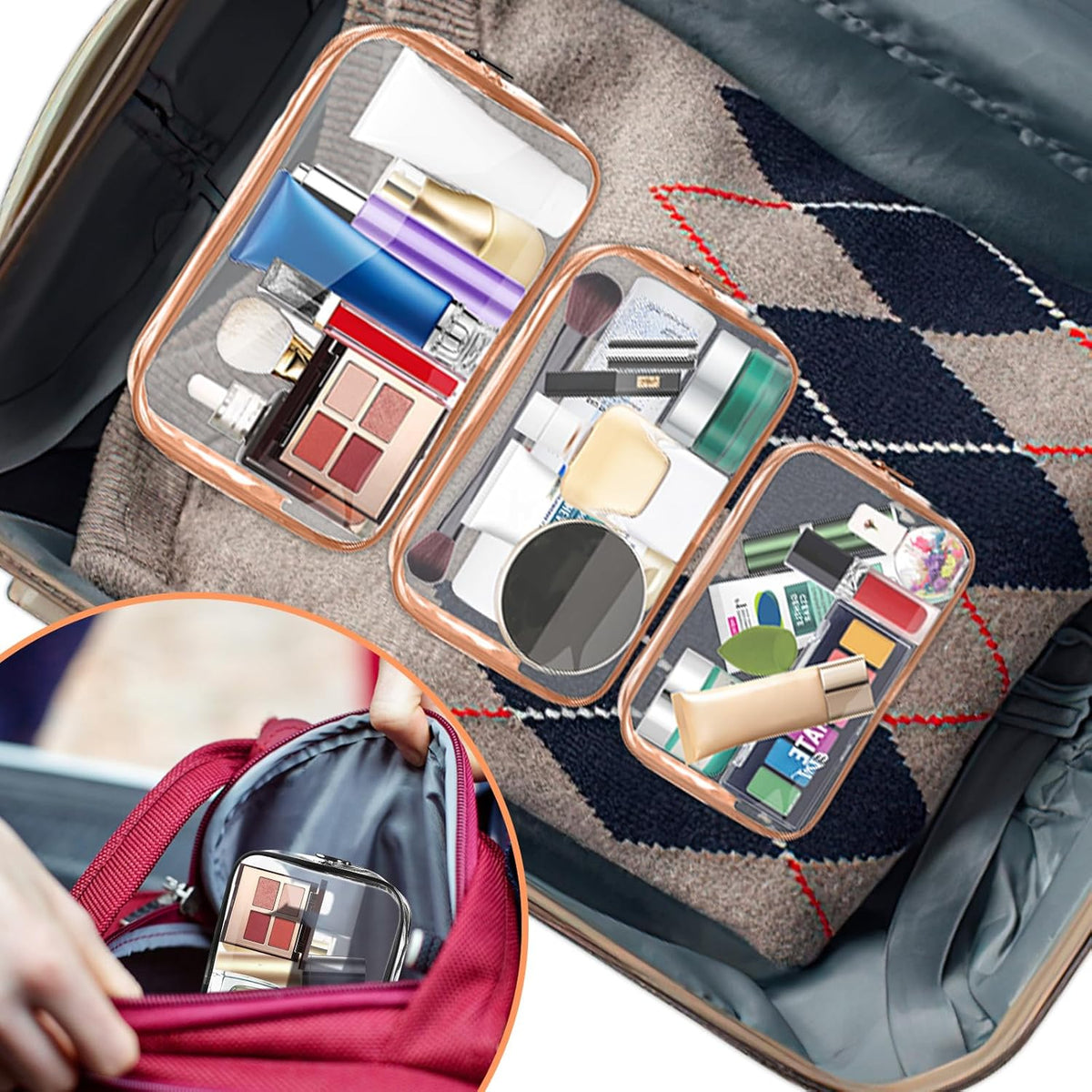 Clear Makeup Bag,Portable Travel Toiletry Bags with Zipper, TSA Approved Clear Organizer Bags, PVC Cosmetic Pouch for Airport Airline Compliant