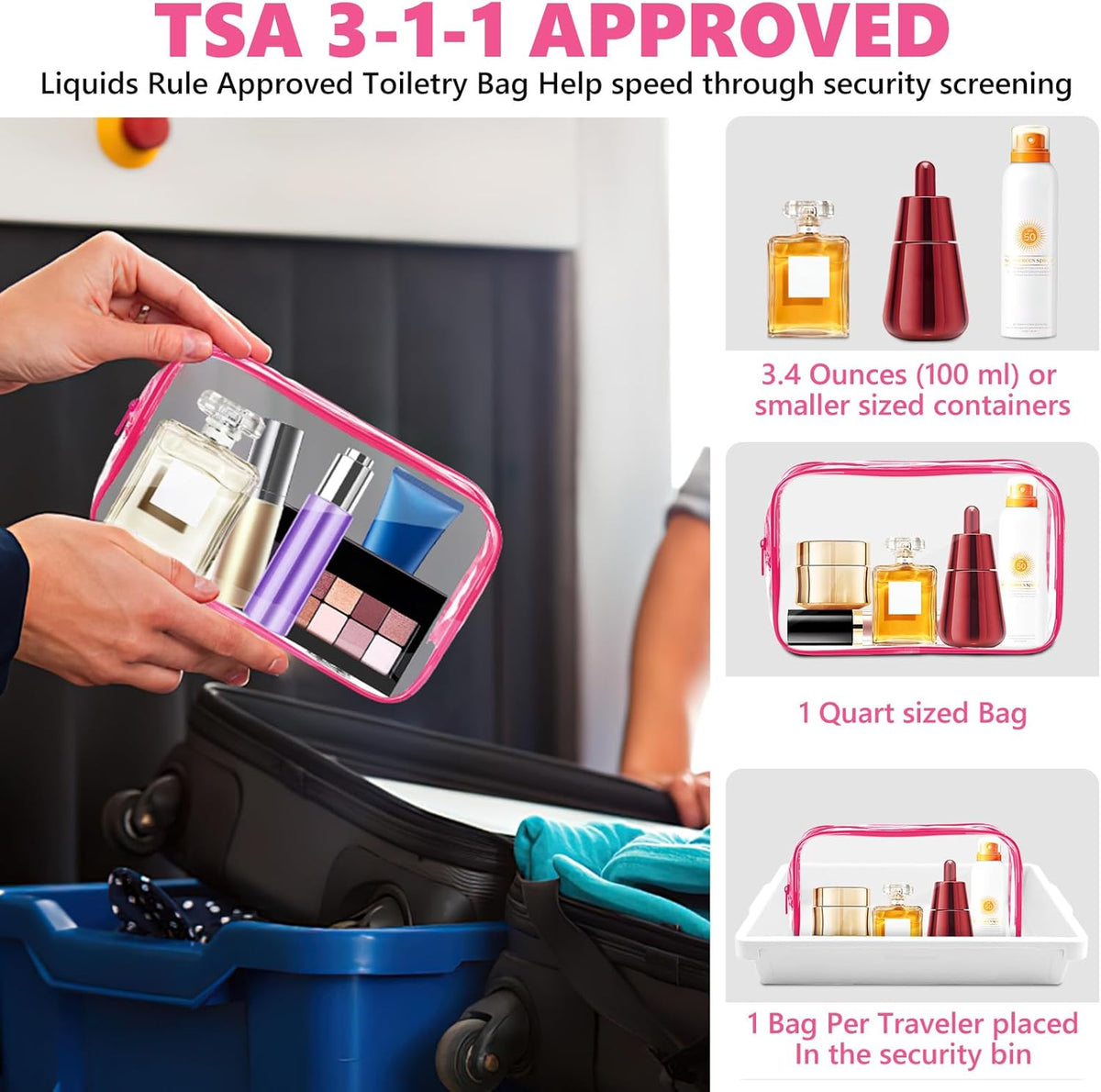Clear Makeup Bag,Portable Travel Toiletry Bags with Zipper, TSA Approved Clear Organizer Bags, PVC Cosmetic Pouch for Airport Airline Compliant