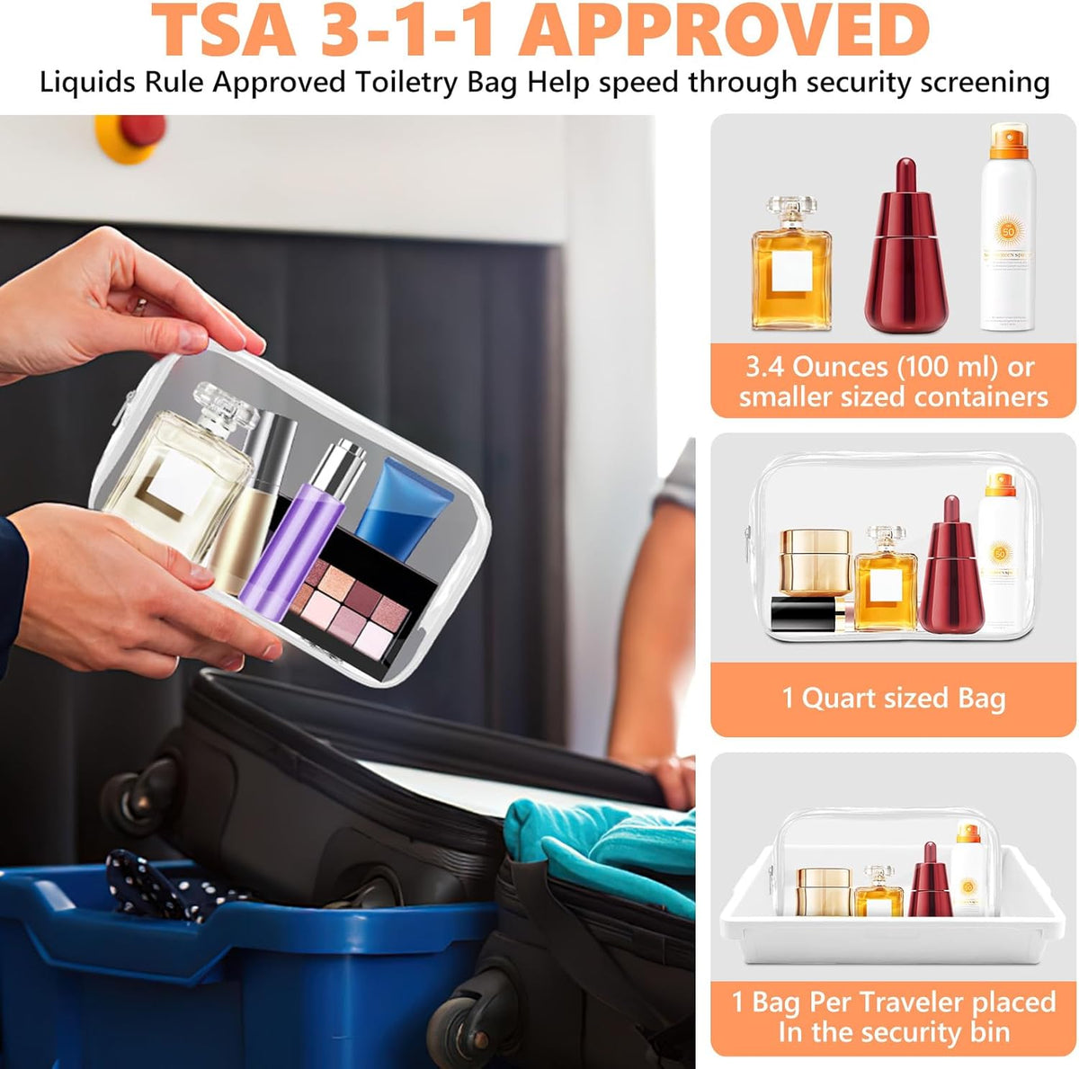 Clear Makeup Bag,Portable Travel Toiletry Bags with Zipper, TSA Approved Clear Organizer Bags, PVC Cosmetic Pouch for Airport Airline Compliant