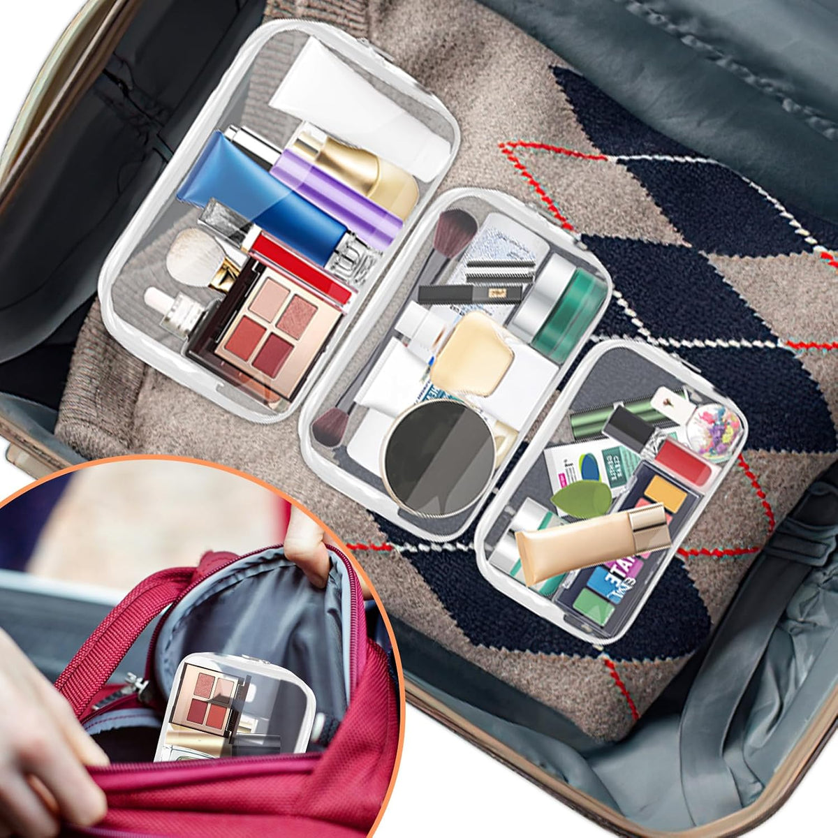 Clear Makeup Bag,Portable Travel Toiletry Bags with Zipper, TSA Approved Clear Organizer Bags, PVC Cosmetic Pouch for Airport Airline Compliant
