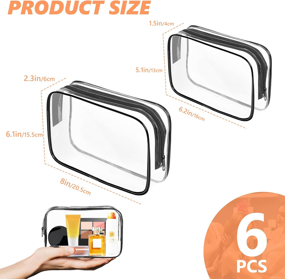Clear Makeup Bag,Portable Travel Toiletry Bags with Zipper, TSA Approved Clear Organizer Bags, PVC Cosmetic Pouch for Airport Airline Compliant