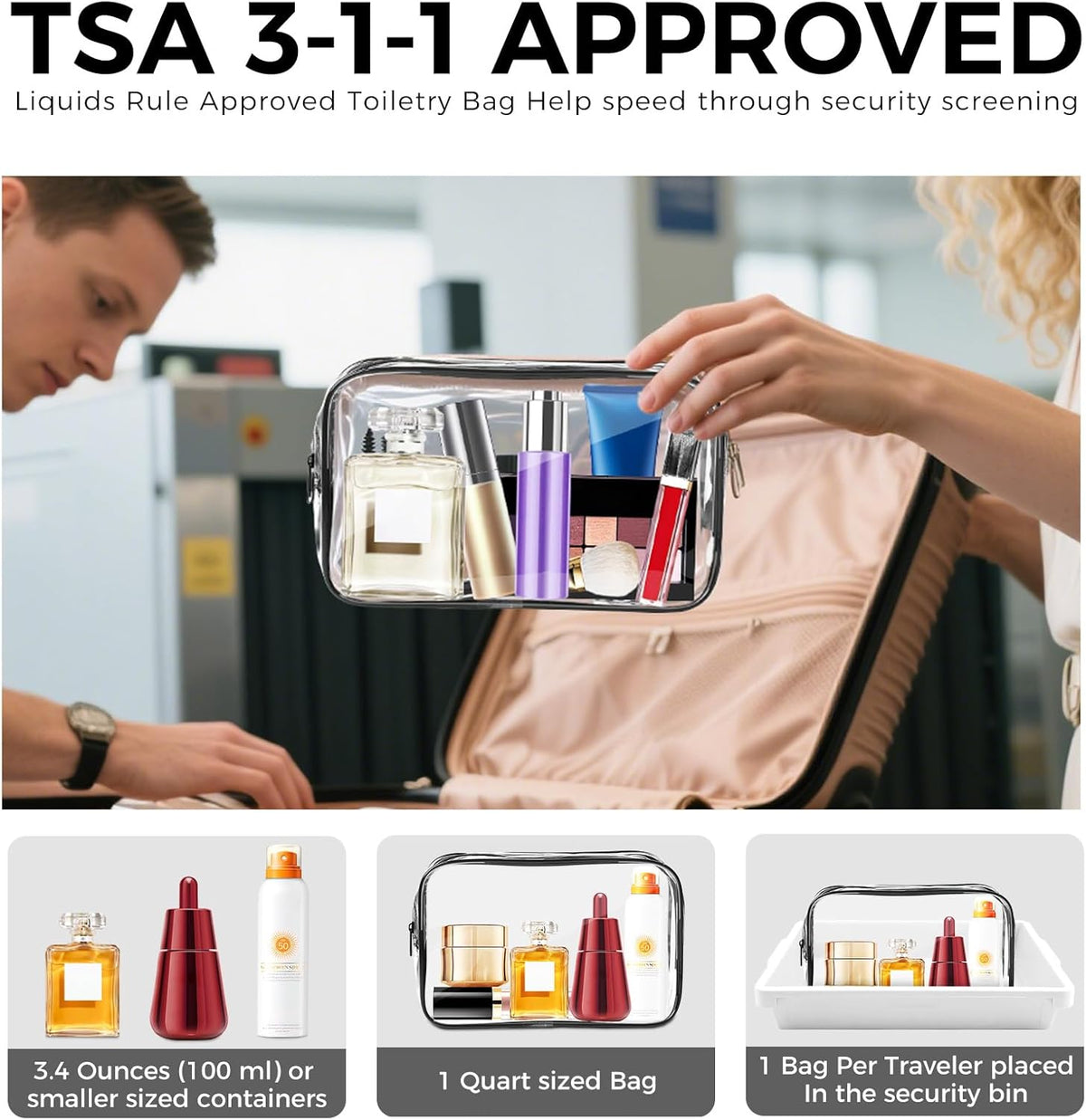 Clear Makeup Bag,Portable Travel Toiletry Bags with Zipper, TSA Approved Clear Organizer Bags, PVC Cosmetic Pouch for Airport Airline Compliant